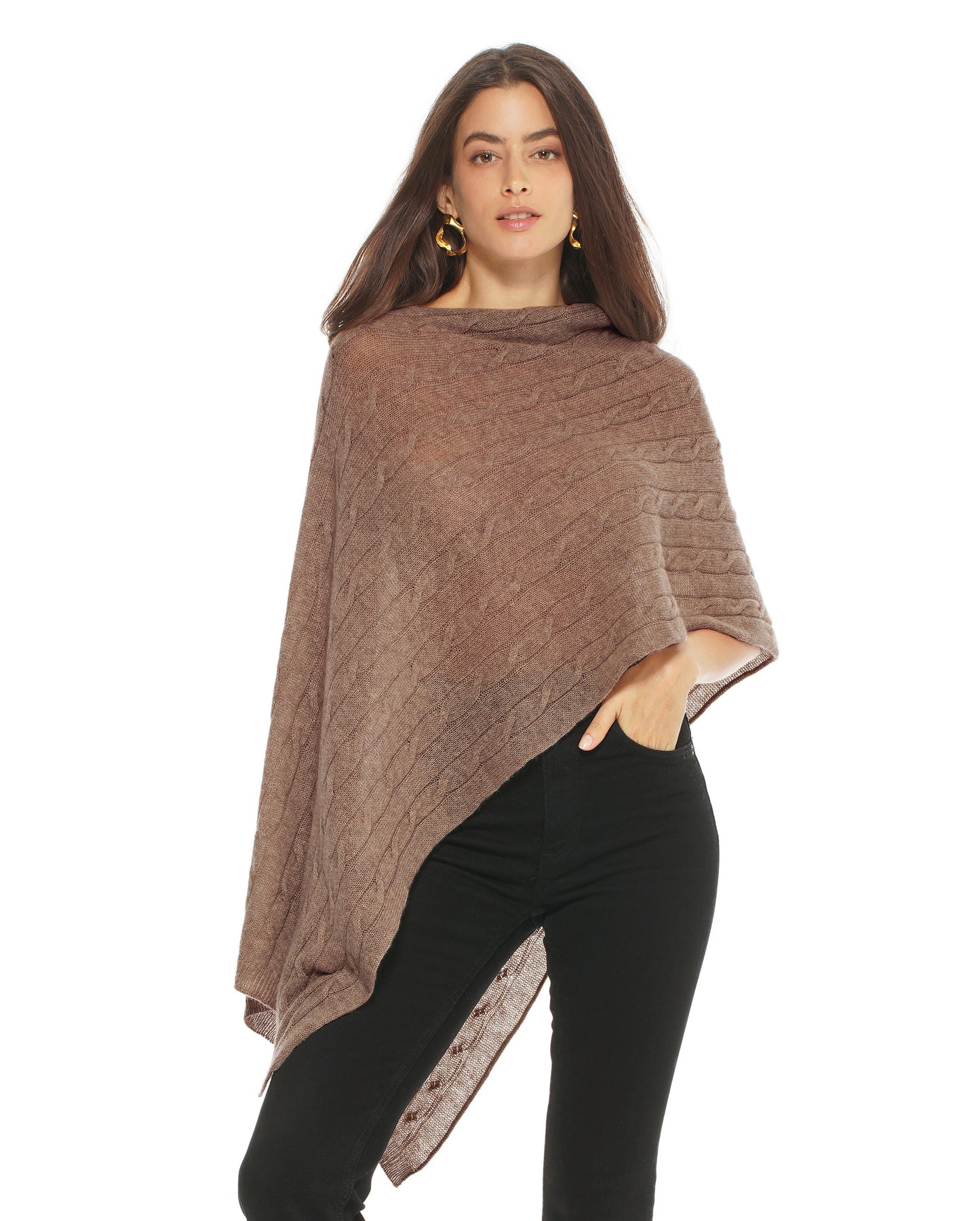 Monticelli Pure Cashmere Cable Knit Poncho Brown Made In Italy 1