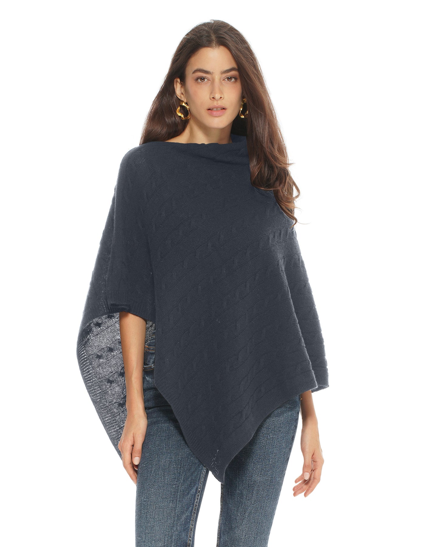 Monticelli Pure Cashmere Cable Knit Poncho Charcoal Made In Italy 1
