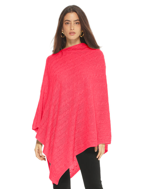 Monticelli Pure Cashmere Cable Knit Poncho Night Coral Red Made In Italy 1