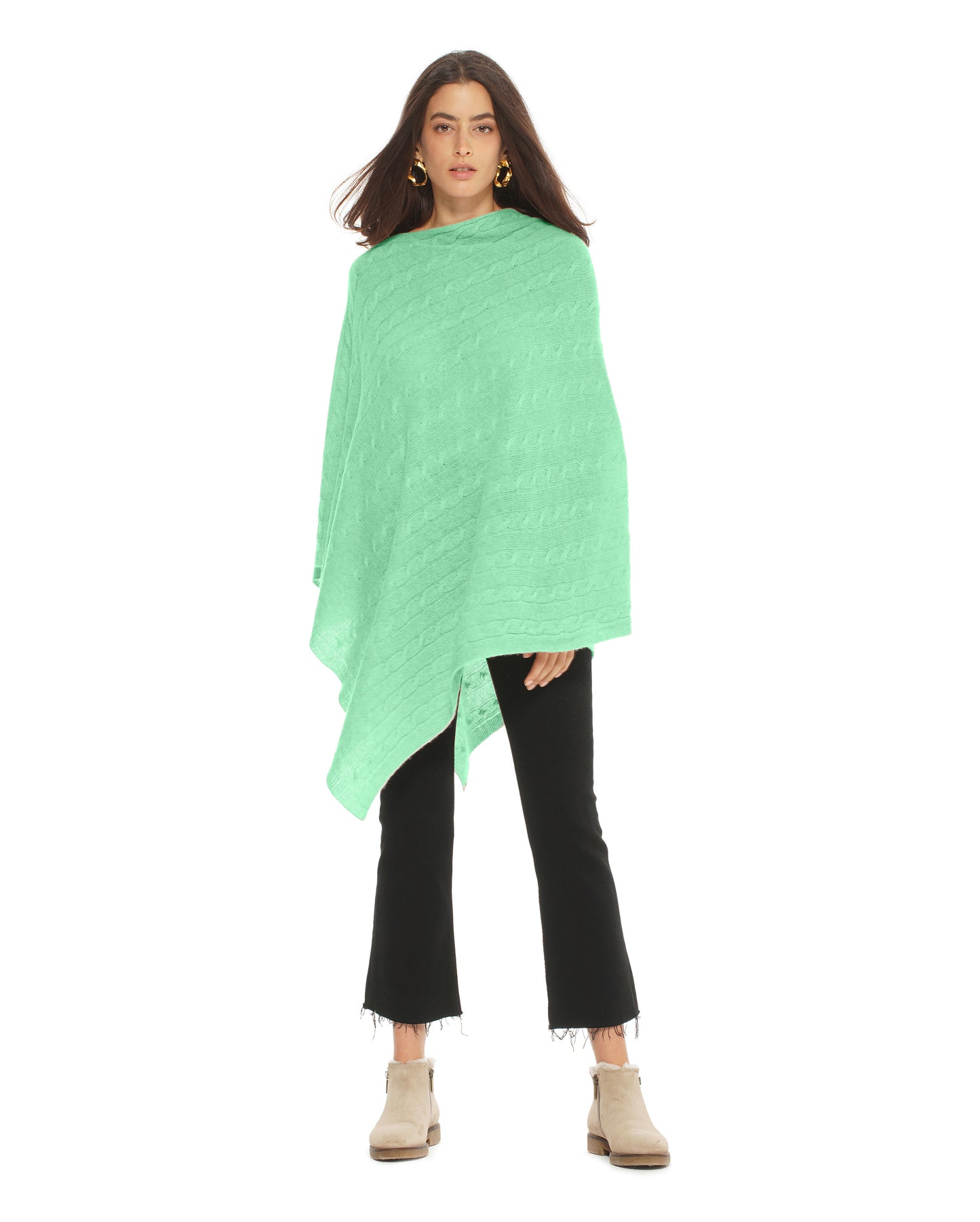 Women's Pure Cashmere Cable Knit Poncho Kiwi