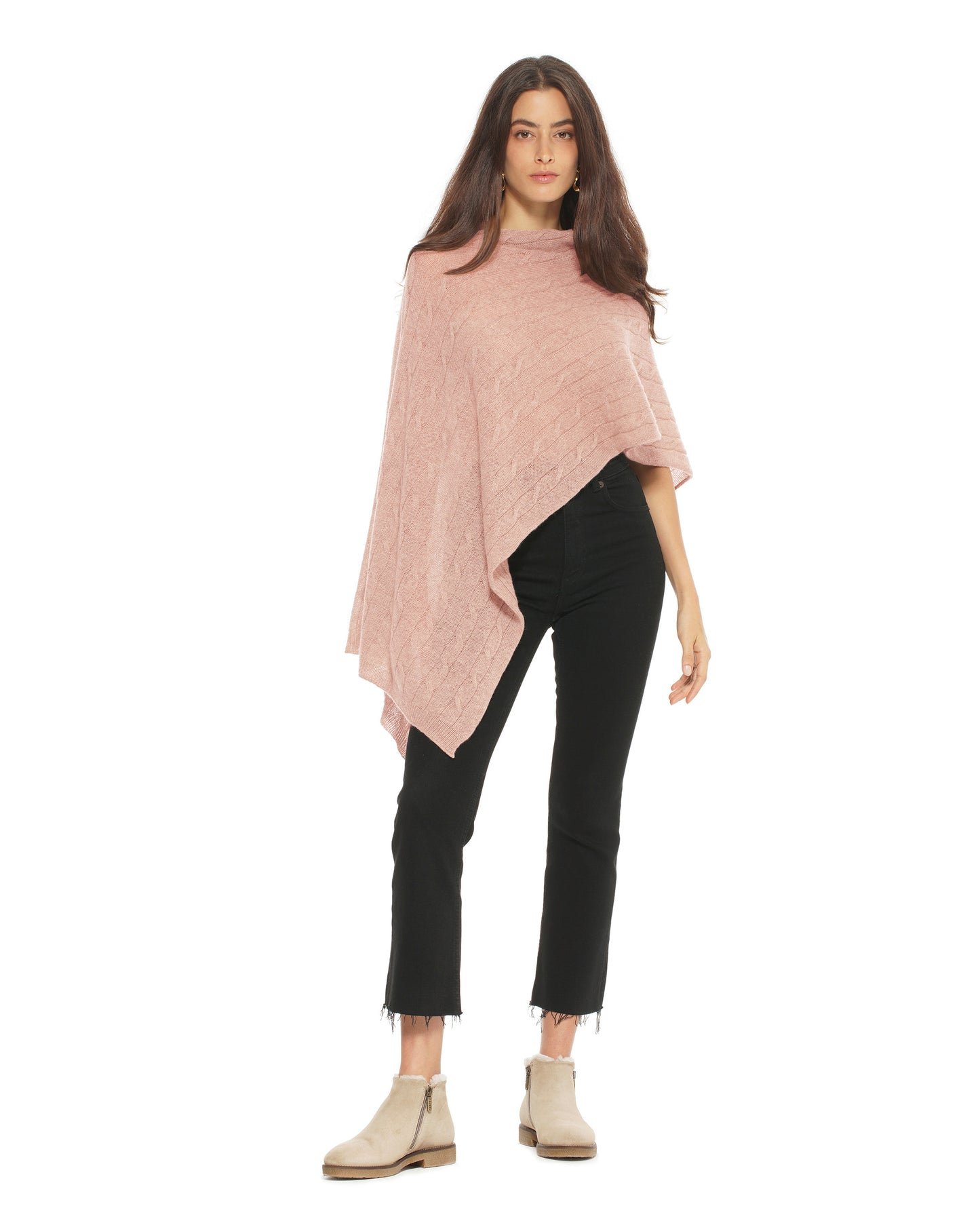 Monticelli Pure Cashmere Cable Knit Poncho Night Peach Made In Italy 2