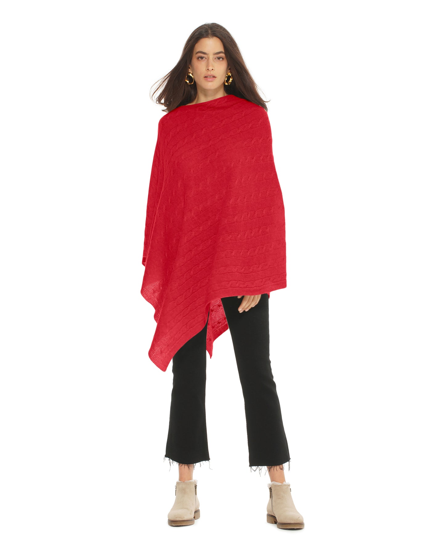 Monticelli Pure Cashmere Cable Knit Poncho Red Made In Italy 2