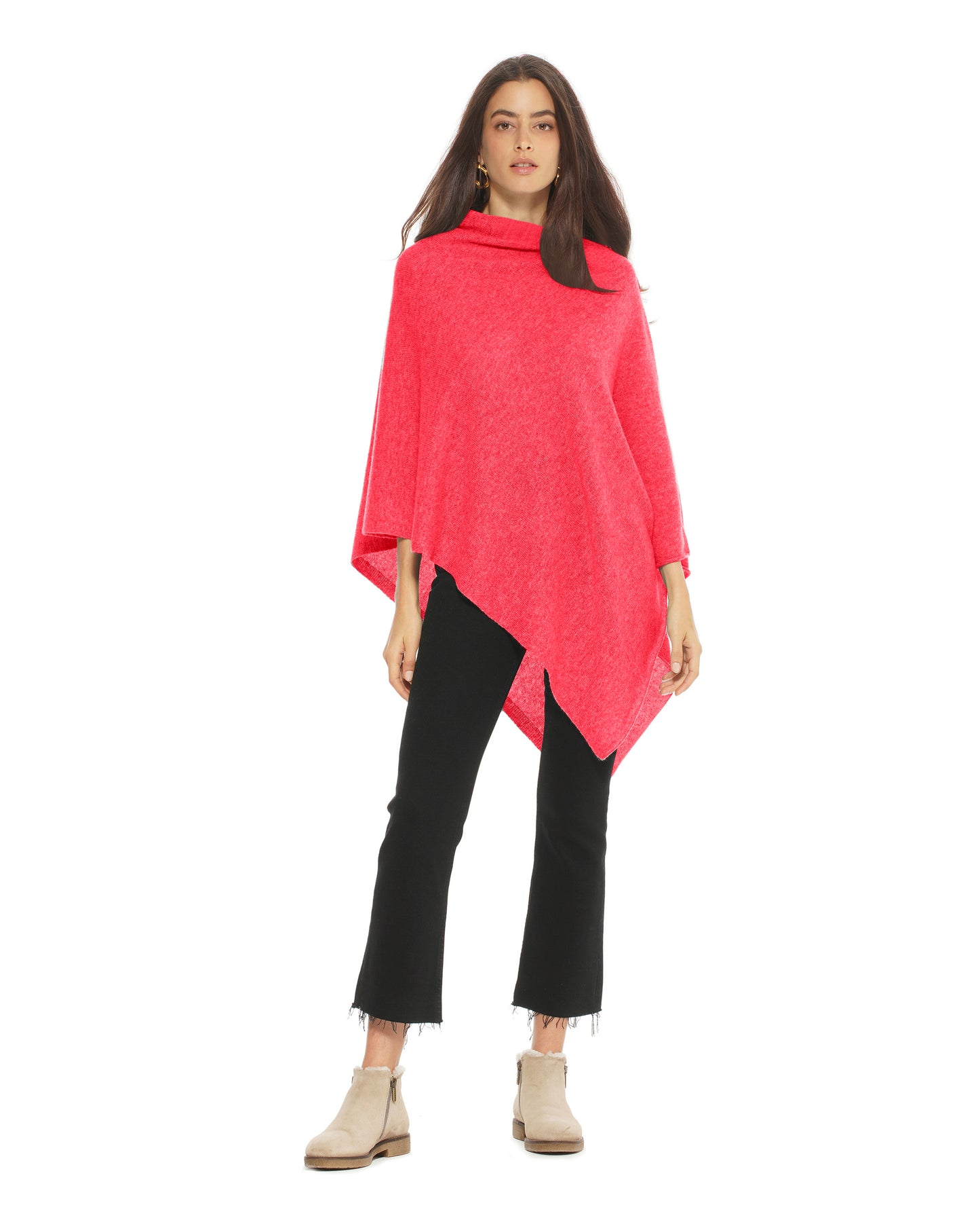 Monticelli Women's Essential Pure Cashmere Poncho Made In Italy Coral Red 2