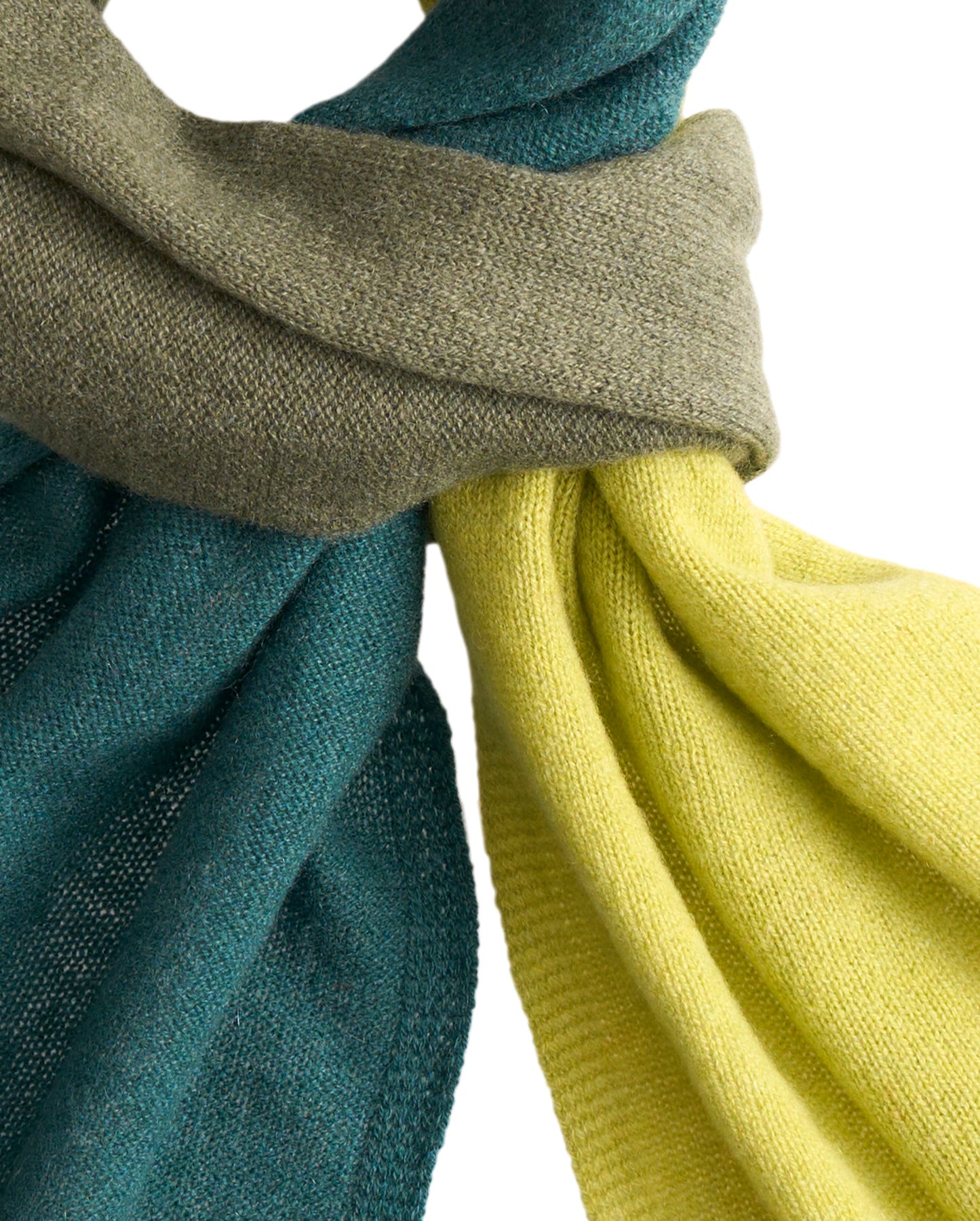 Pure Cashmere Butter-Soft Wide Scarf Tricolor in Chartreuse, Olive and Teal