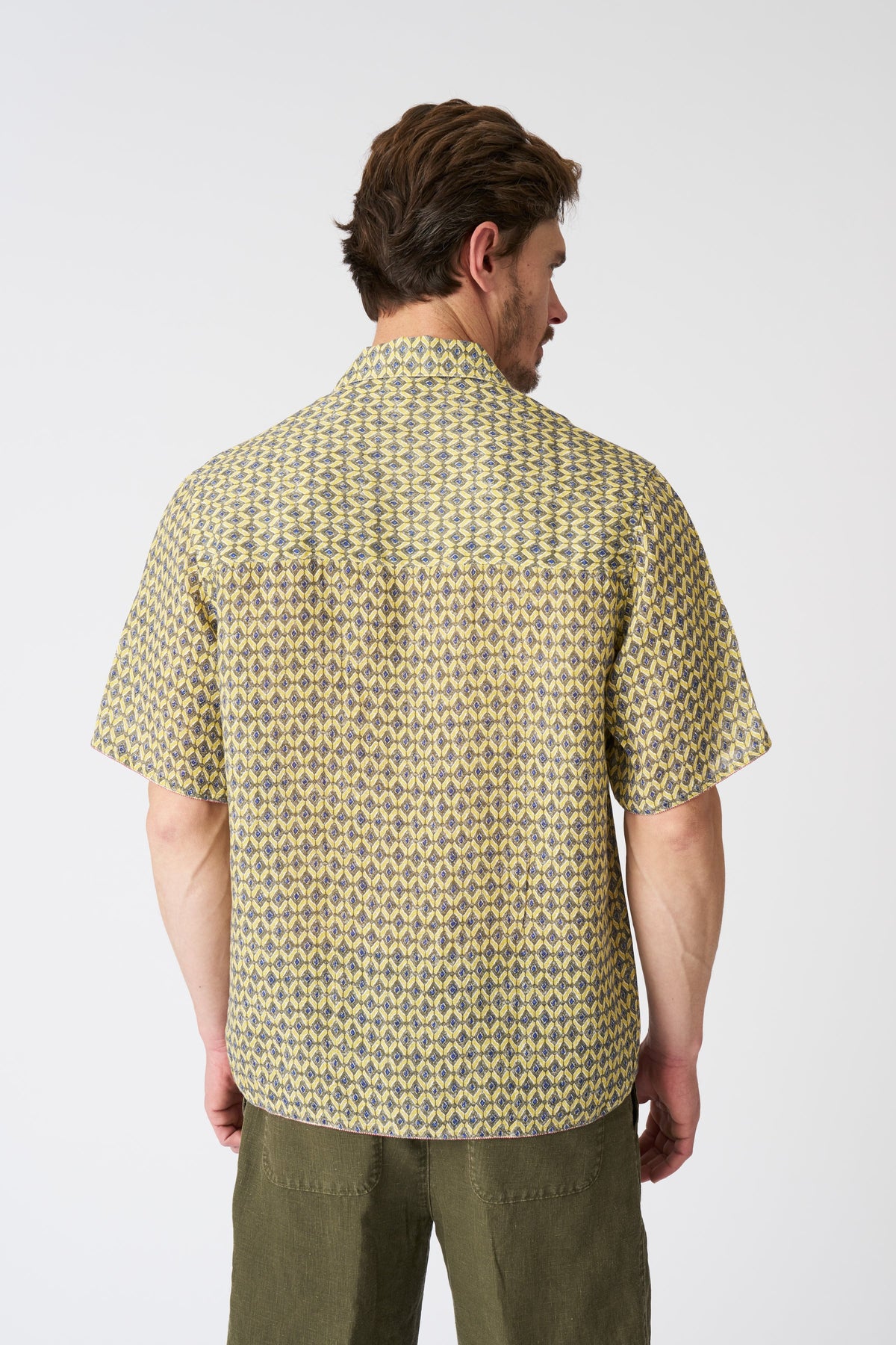 Men's Geometric Yellow Notched Collar Regular Fit Linen Shirt – Washed-Yellow Print, view 4