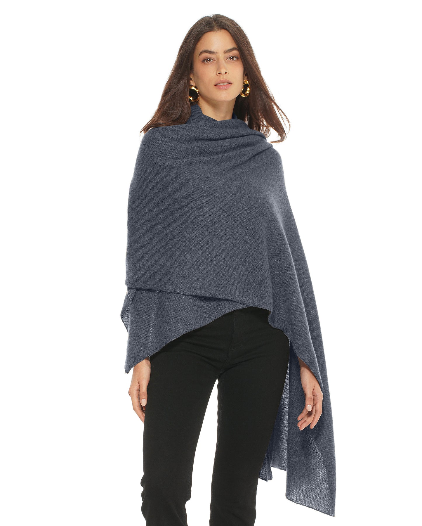 Women's Pure Cashmere Maxi Wrap Melange Blue Made In Italy 1