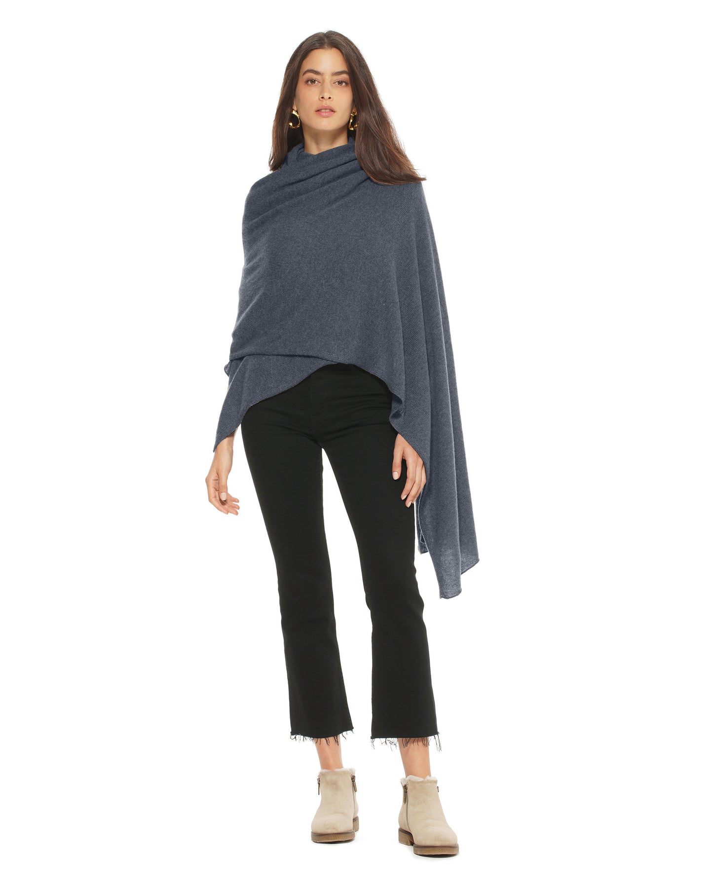 Women's Pure Cashmere Maxi Wrap Melange Blue Made In Italy 2