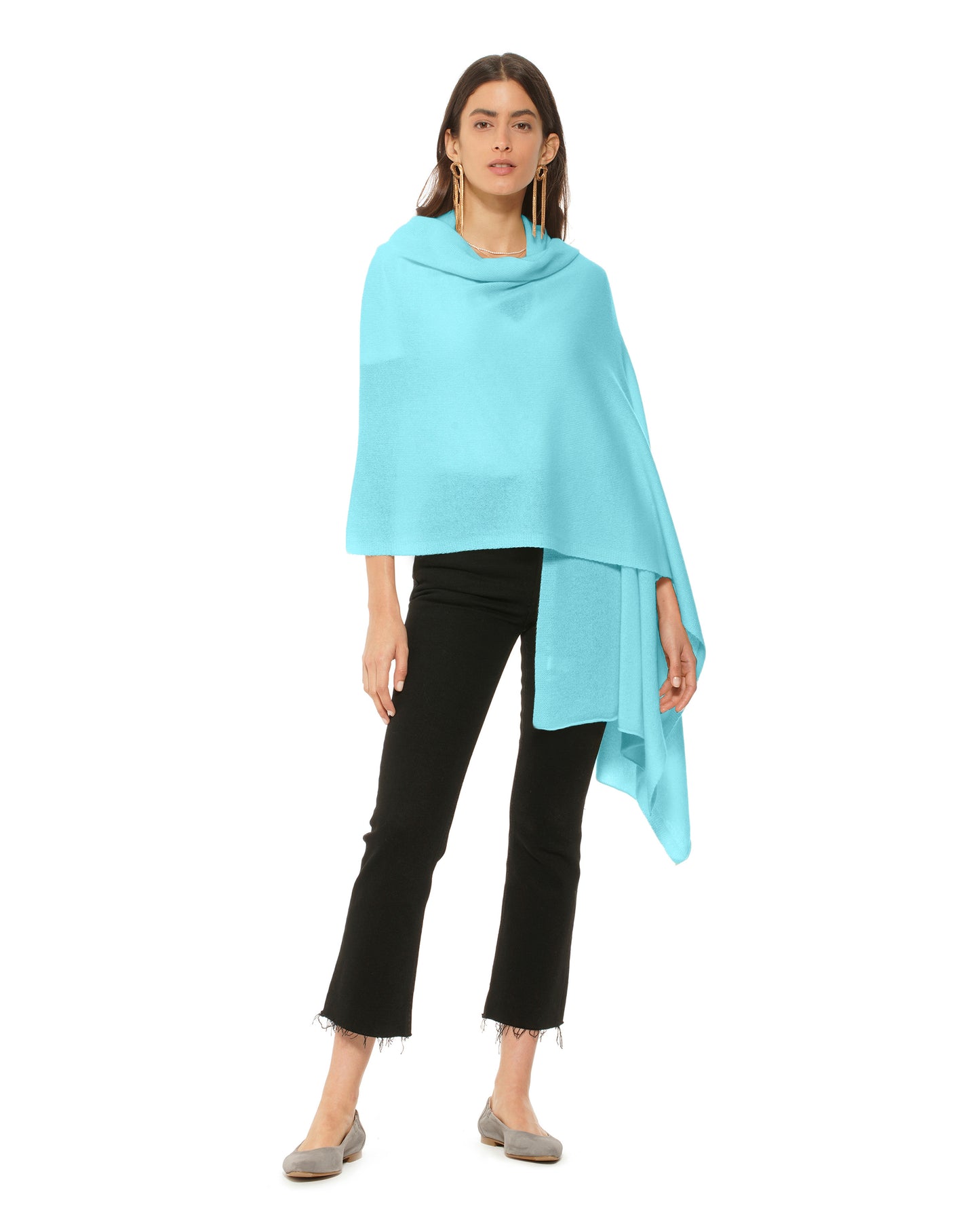 Women's Pure Cashmere Maxi Wrap Melange Blue Made In Italy 2