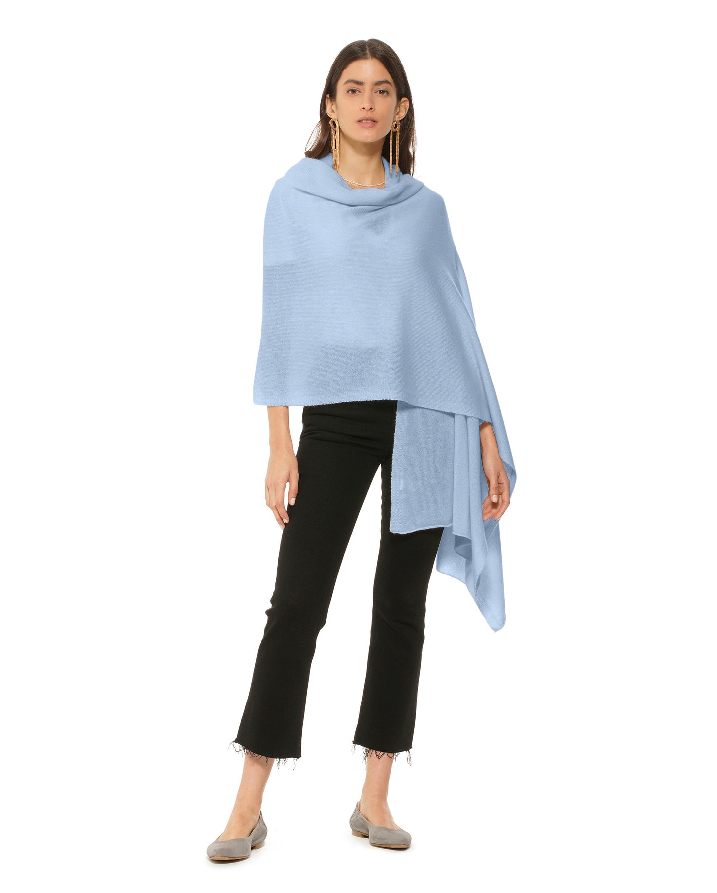 Women's Pure Cashmere Maxi Wrap Melange Blue Made In Italy 2