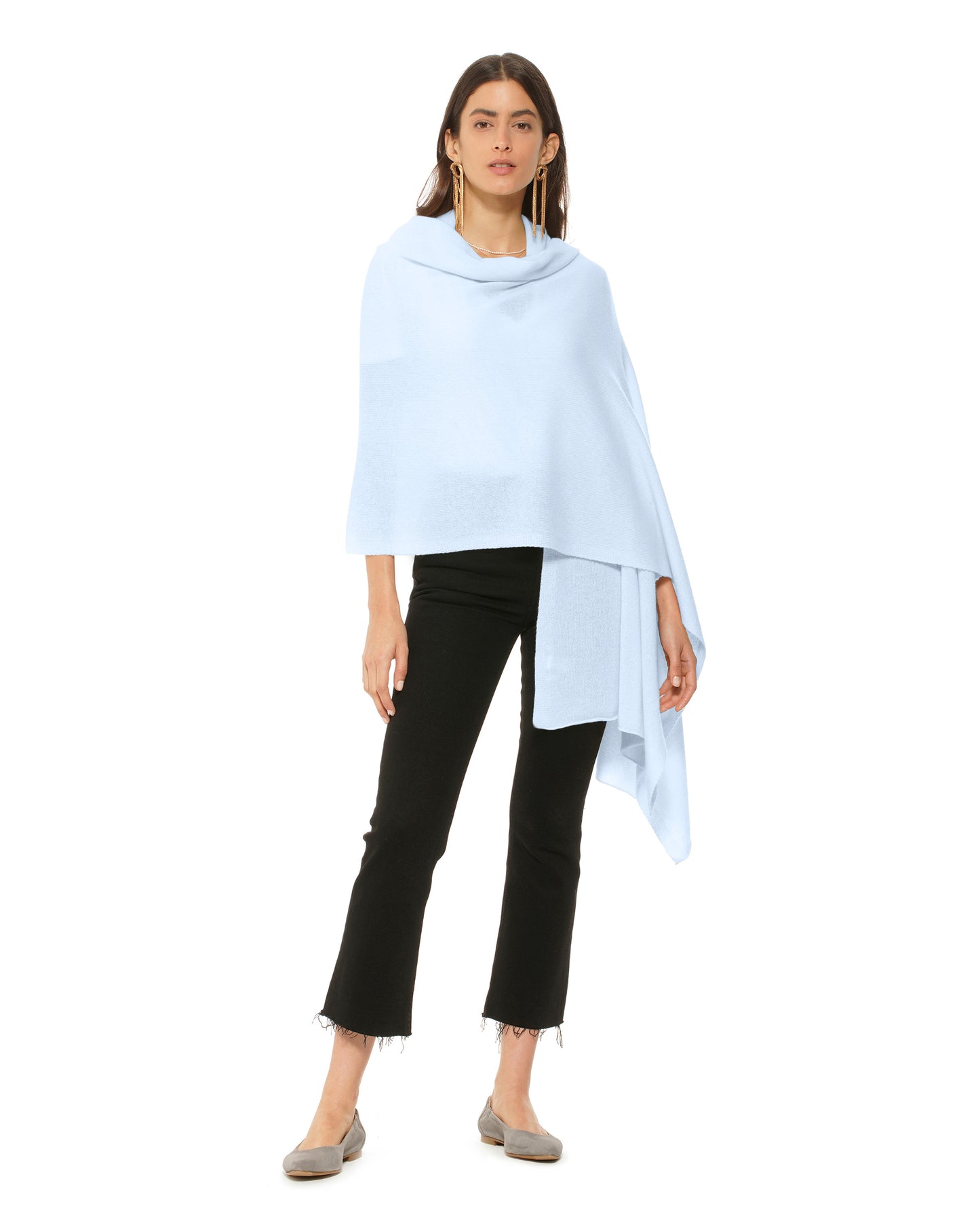 Women's Pure Cashmere Maxi Wrap Melange Blue Made In Italy 2