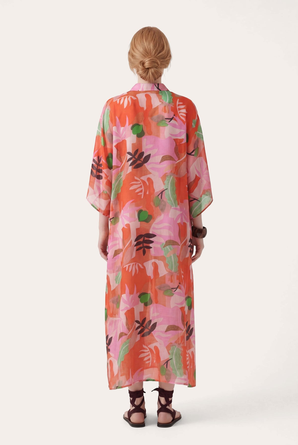 Women's Oversized Printed V-Neck Kaftan Dress – Washed-Pink Print, view 3
