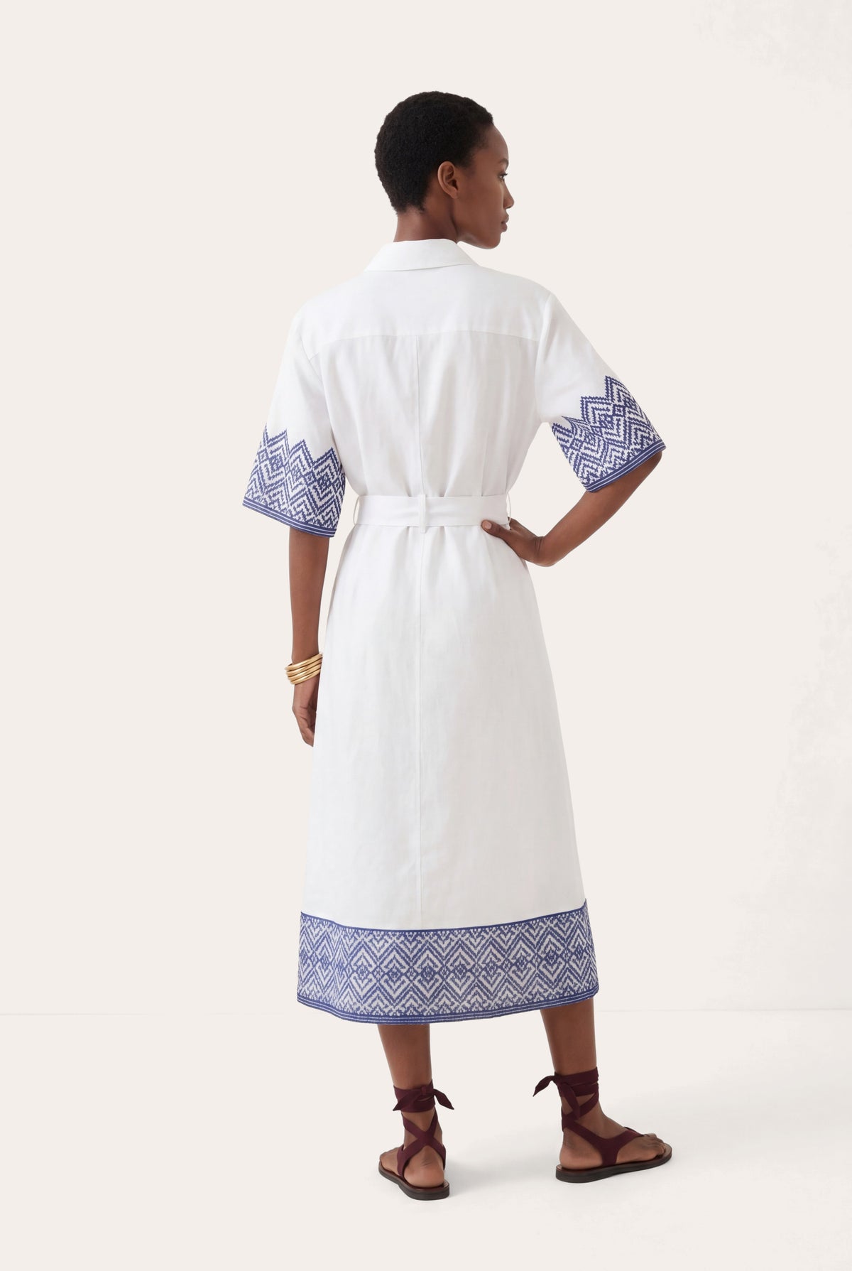 Women's Embroidered Linen Midi Shirt Dress – White, view 3