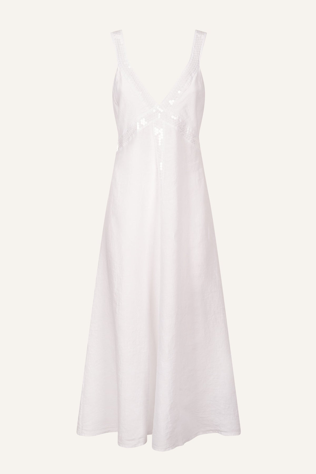 Women's Long Linen Dress with Sequin Details – White, view 6