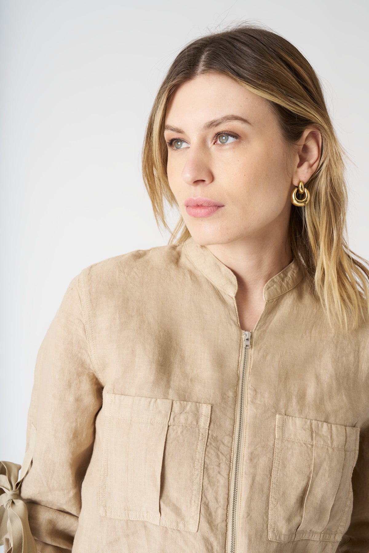 Women's Linen Jumpsuit with Tied Sleeves – Almond, view 4