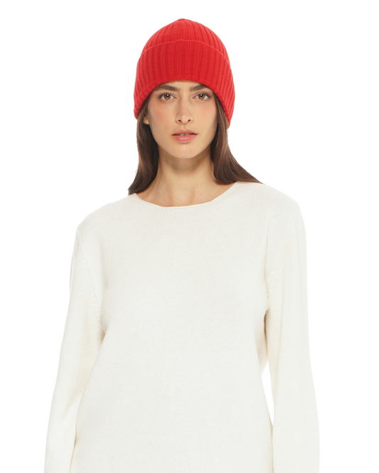 Monticelli Pure Cashmere Ribbed Hat Red Made In Italy