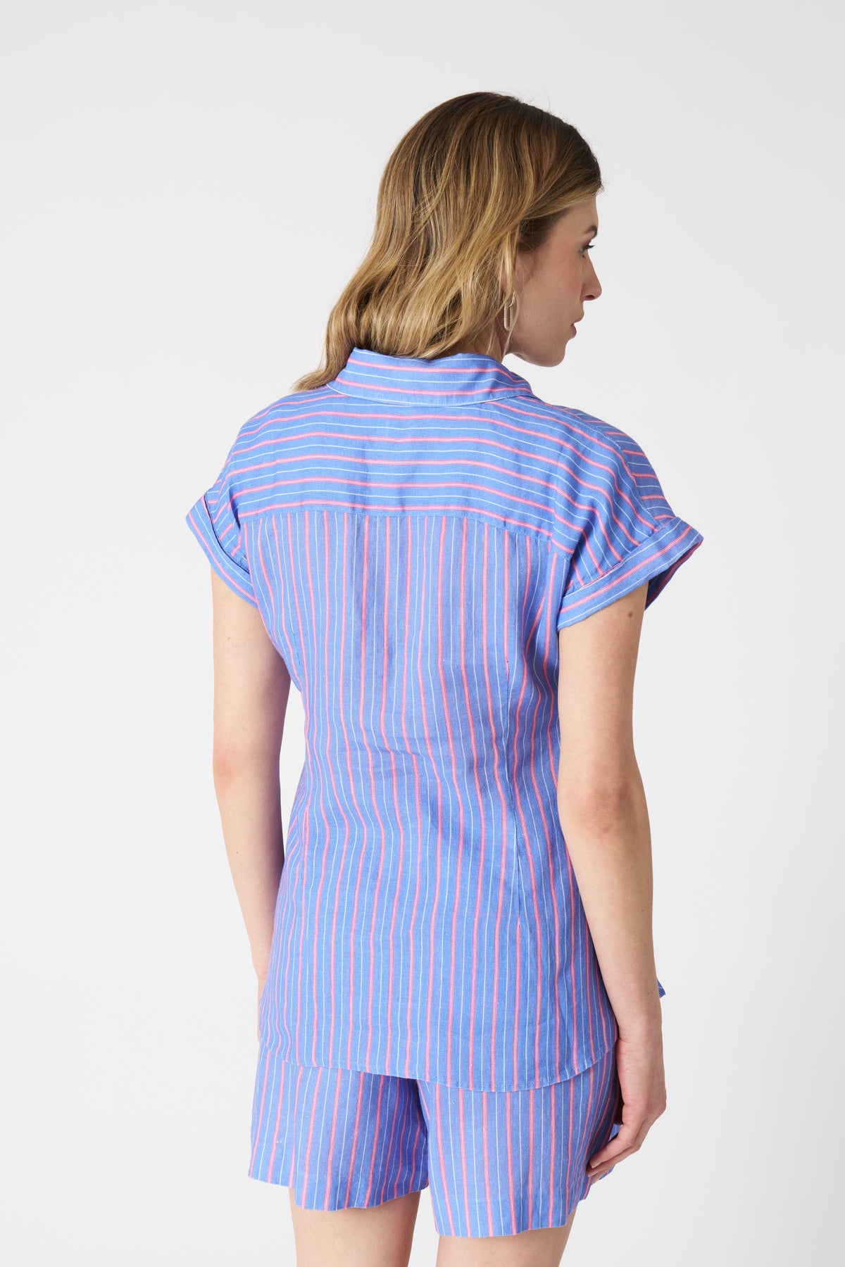 Women's Linen Striped Shirt with Draped Knot – Washed Sky, view 4