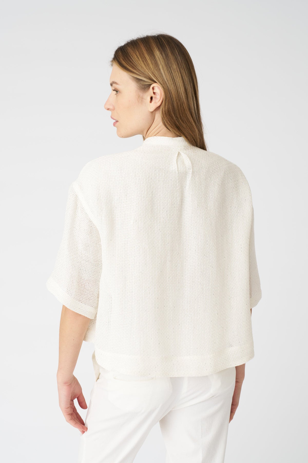 Women's Linen Cropped Shirt with Dropped Shoulders – White, view 4