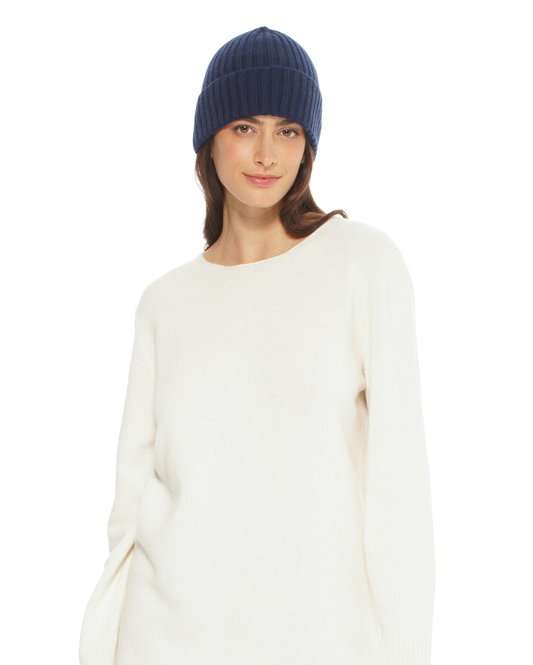 Monticelli Pure Cashmere Ribbed Hat Blue Made In Italy