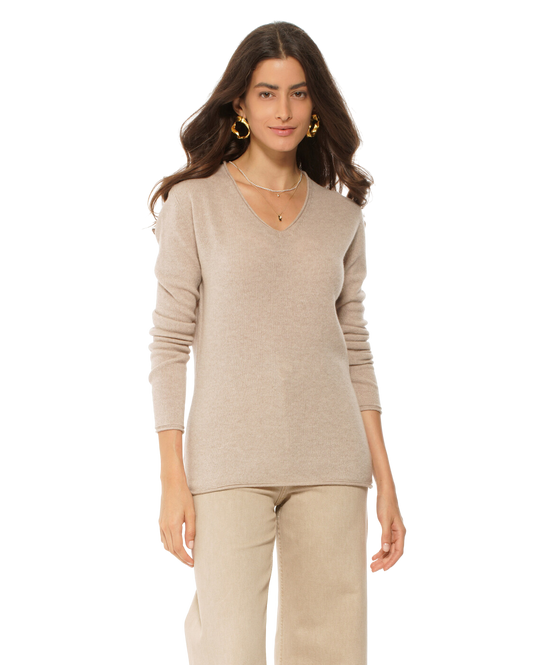 Monticelli Women's Ultra-Light Cashmere V-Neck Sweater Beige 1