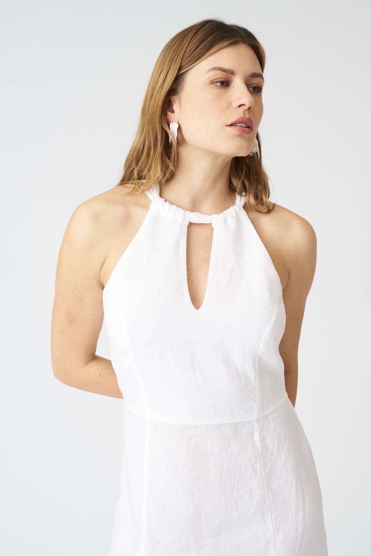 Women's Linen Maxi Tie Neck Dress – White, view 4