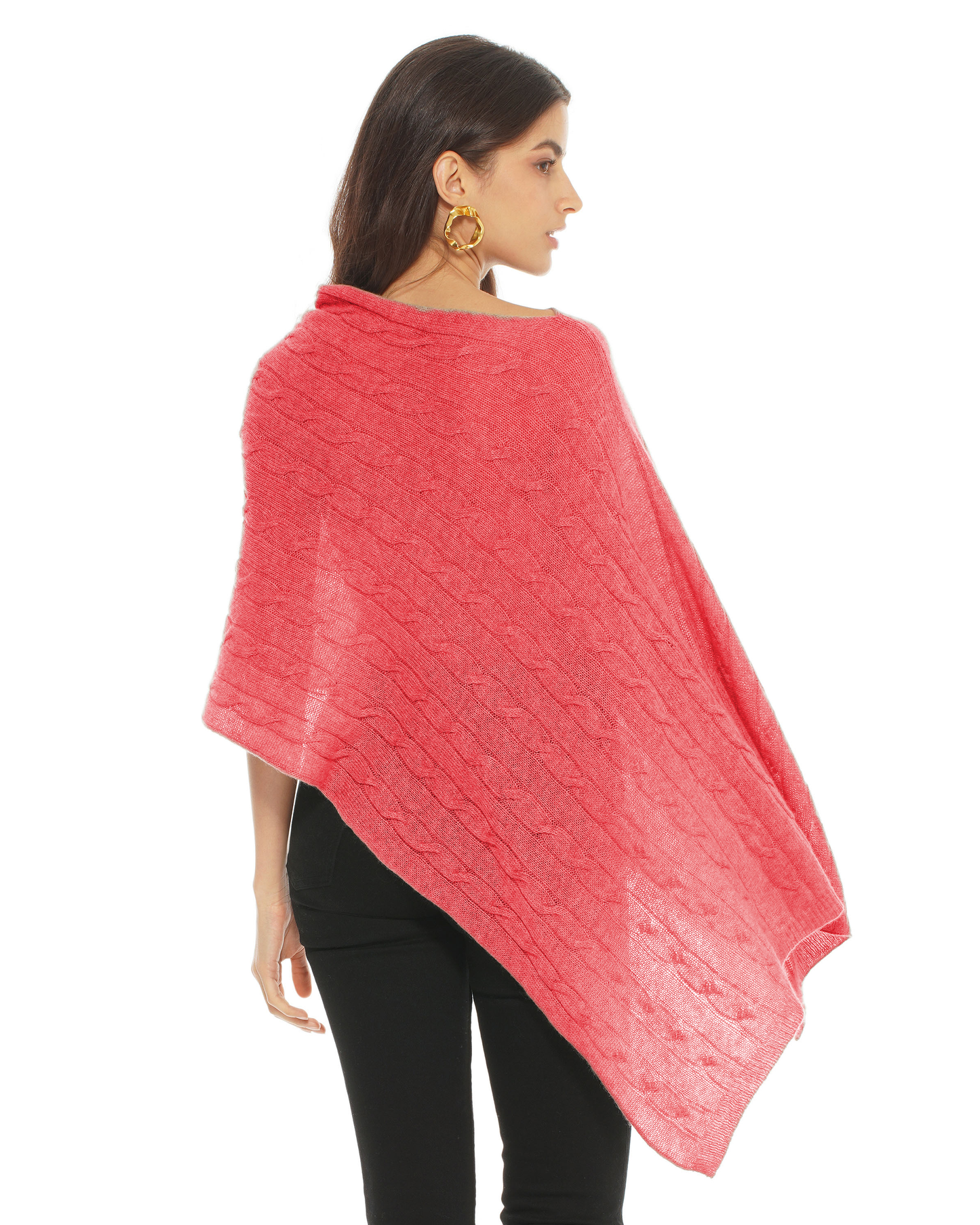 Women's Pure Cashmere Textured Knit Poncho Coral Red