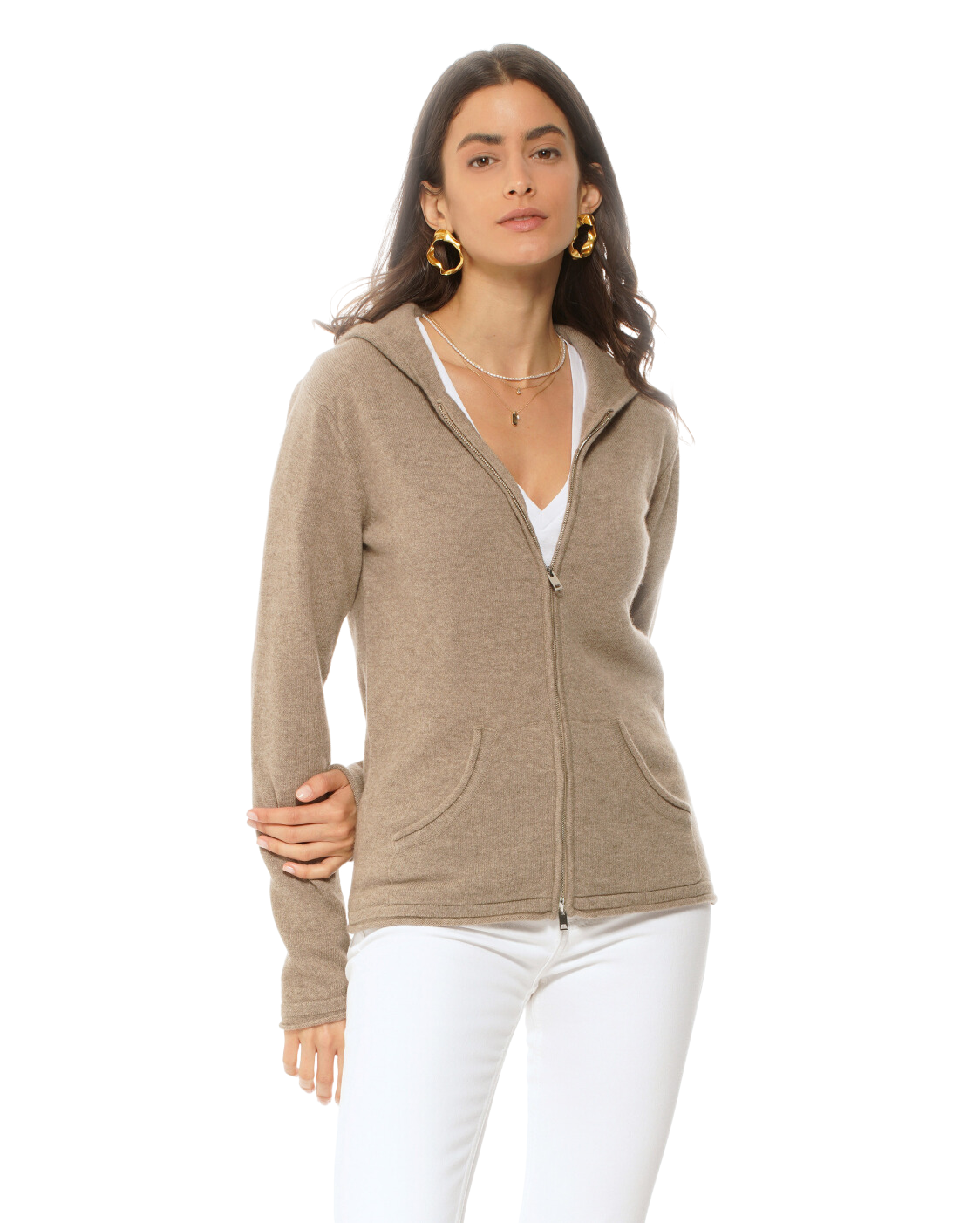 Monticelli Women's Pure Cashmere Hoodie Sweater Beige Made In Italy 2