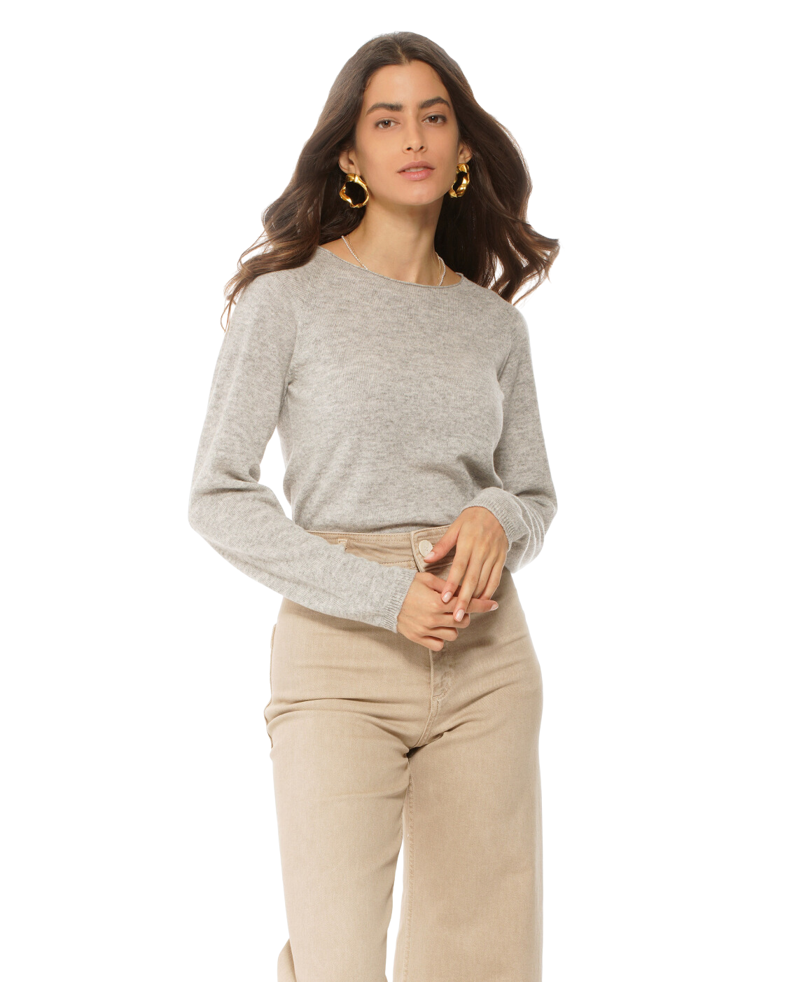Monticelli Women's Ultralight Cashmere Raglan Crew Neck Sweater Light Grey Made In Italy 1