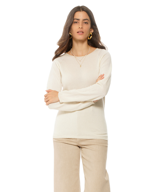 Monticelli Women's Ultralight Cashmere Raglan Crew Neck Sweater Milk White Made In Italy 1
