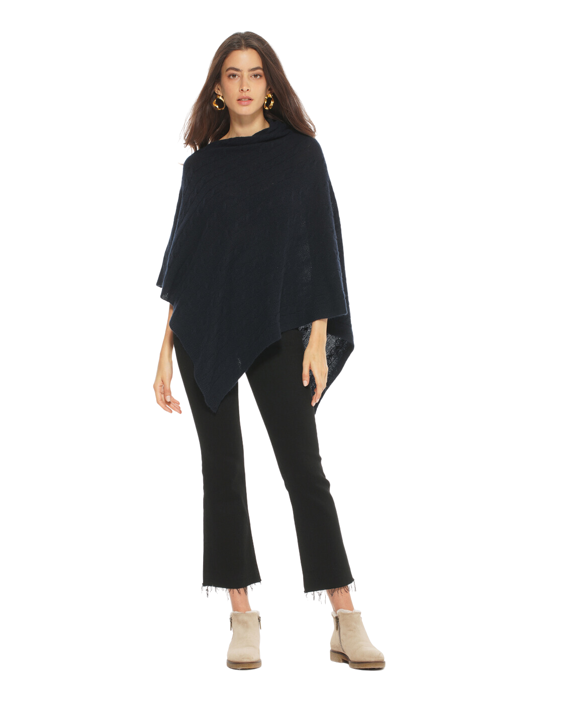 Monticelli Pure Cashmere Cable Knit Poncho Night Blue Made In Italy 4