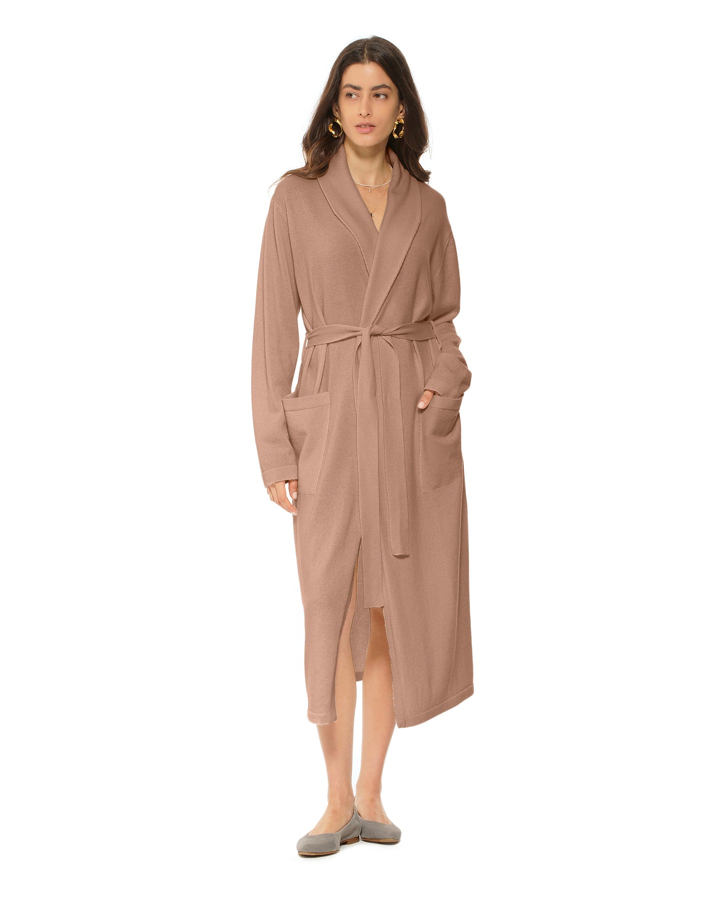 Pure Cashmere Knit Robe Made In Italy Light Camel 1