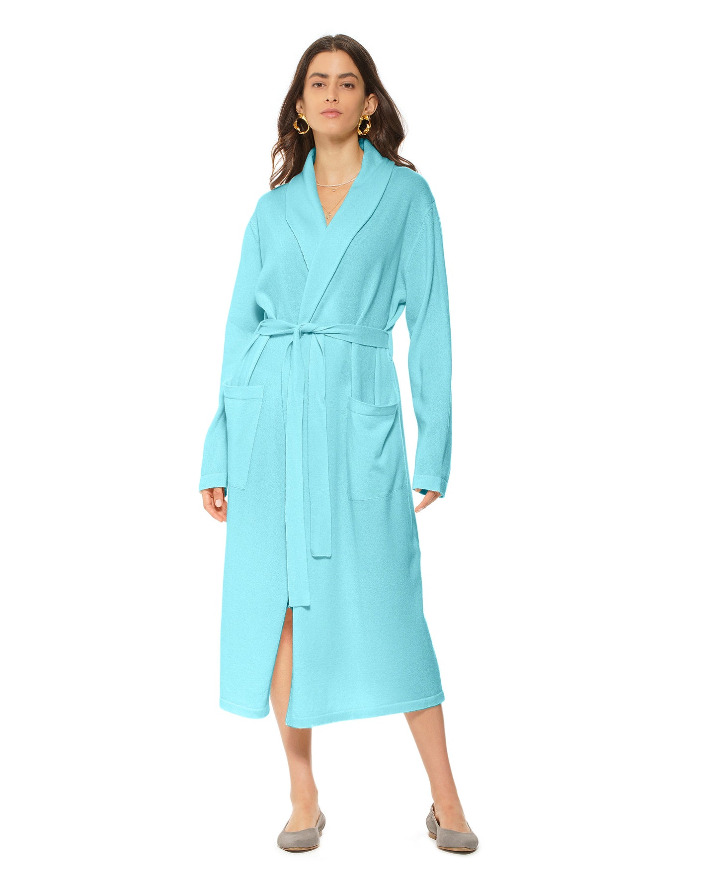 Pure Cashmere Knit Robe Made In Italy Light Cyan 2