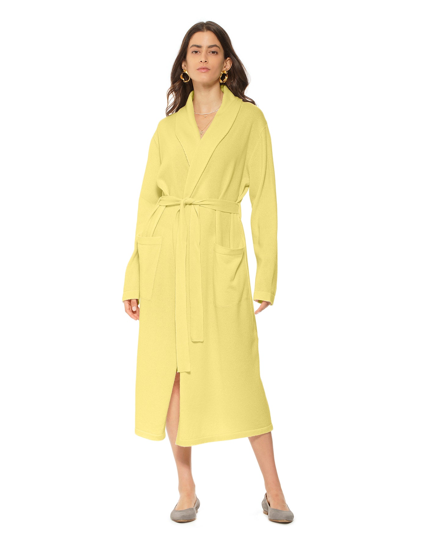 Pure Cashmere Knit Robe Made In Italy Light Lemon Yellow 2