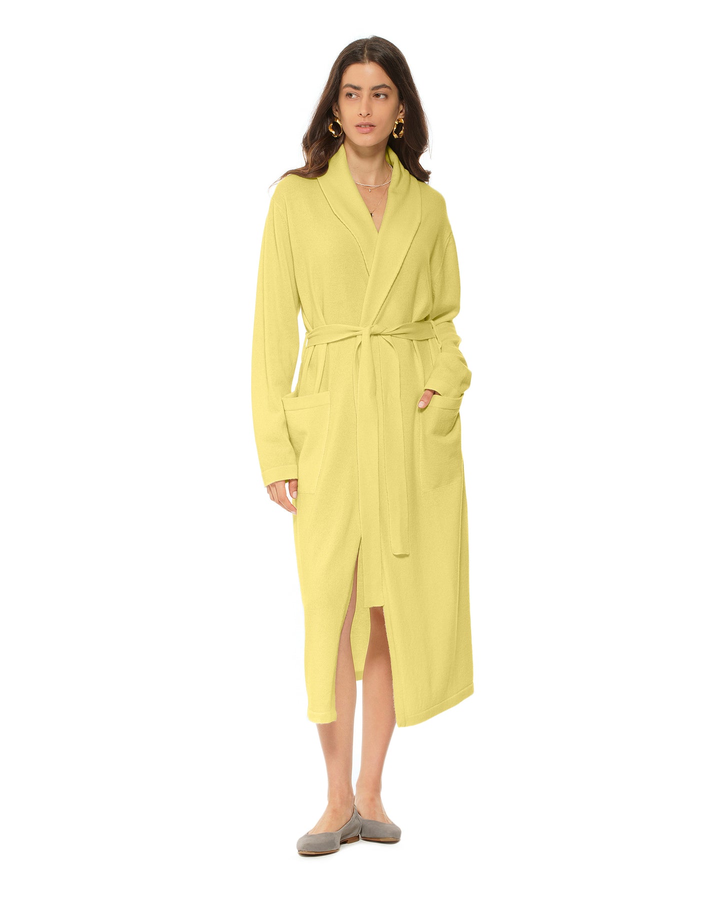 Pure Cashmere Knit Robe Made In Italy Light Lemon Yellow 1