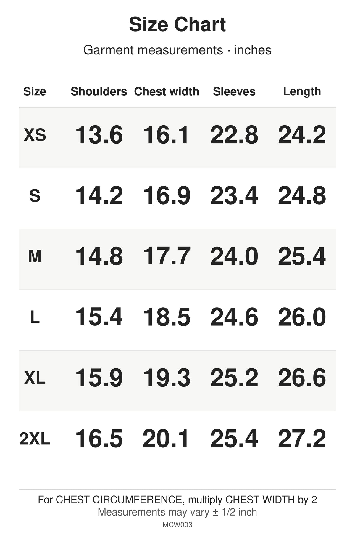 MCW003 size chart: garment measurements for XS, S, M, L, XL, 2XL, in inches.