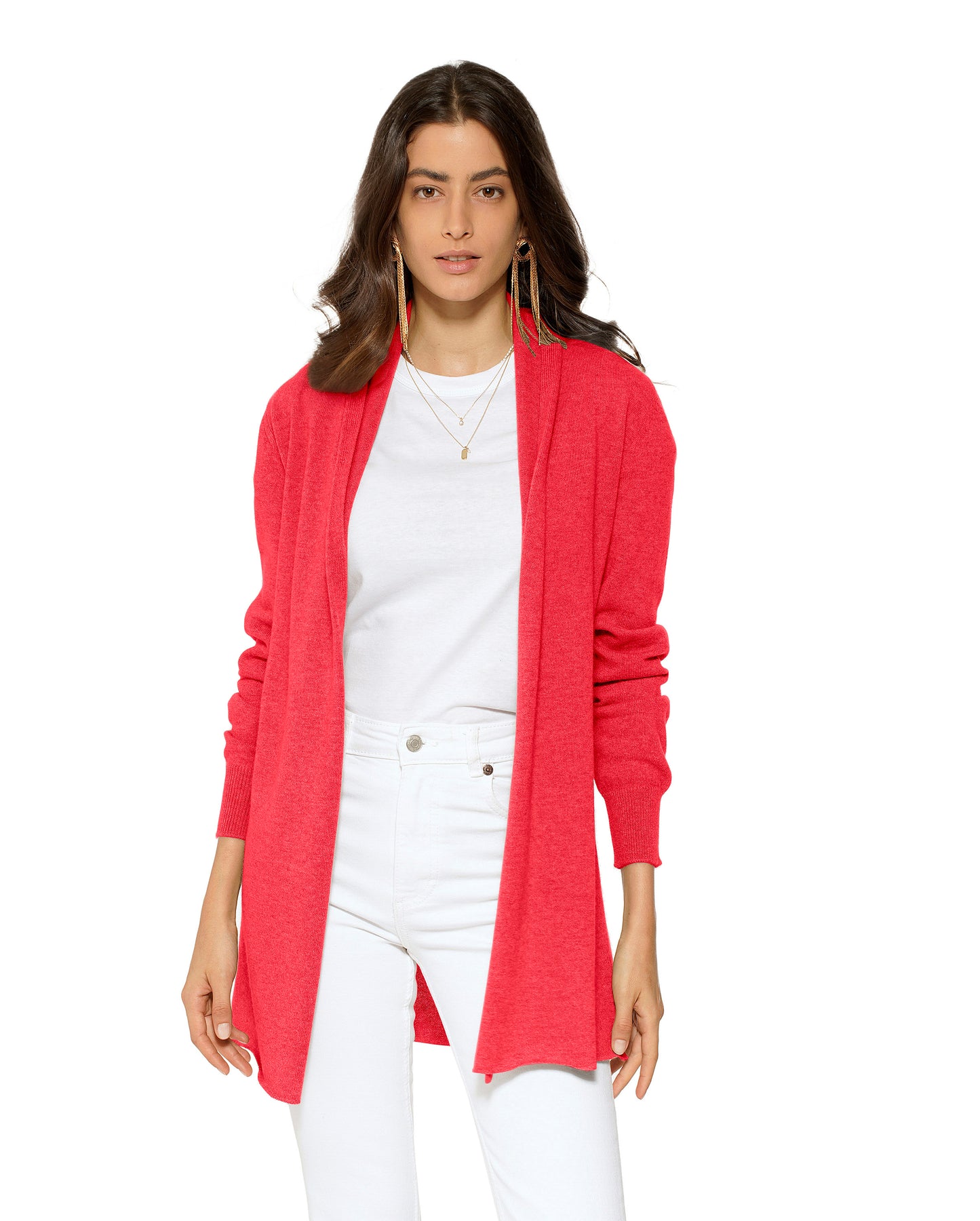 Women's Pure Cashmere Long Open Front Cardigan Coral Red