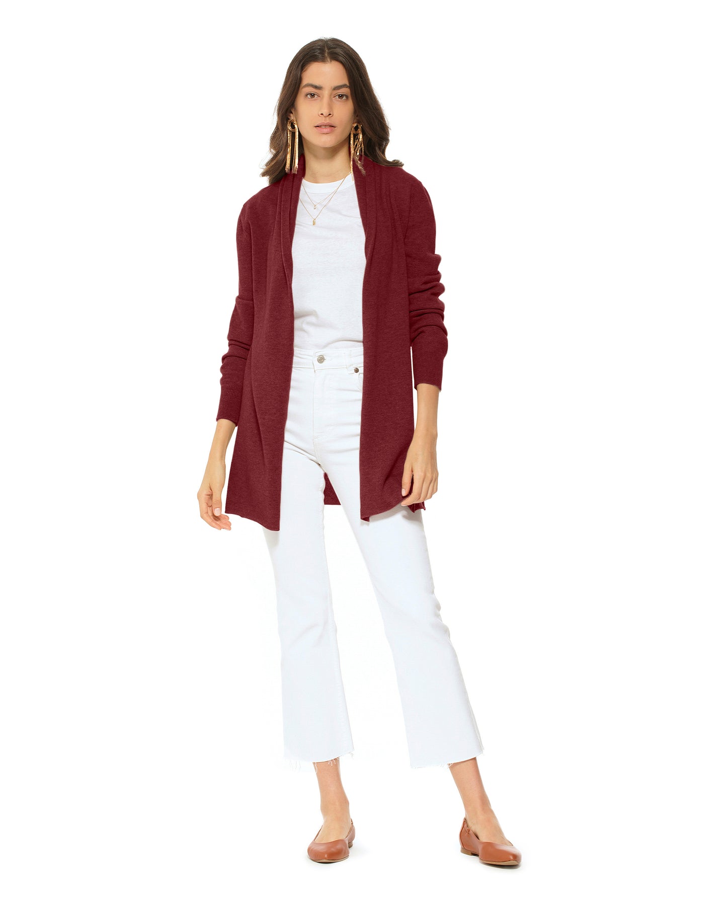 Women's Pure Cashmere Long Open Front Cardigan Bordeaux