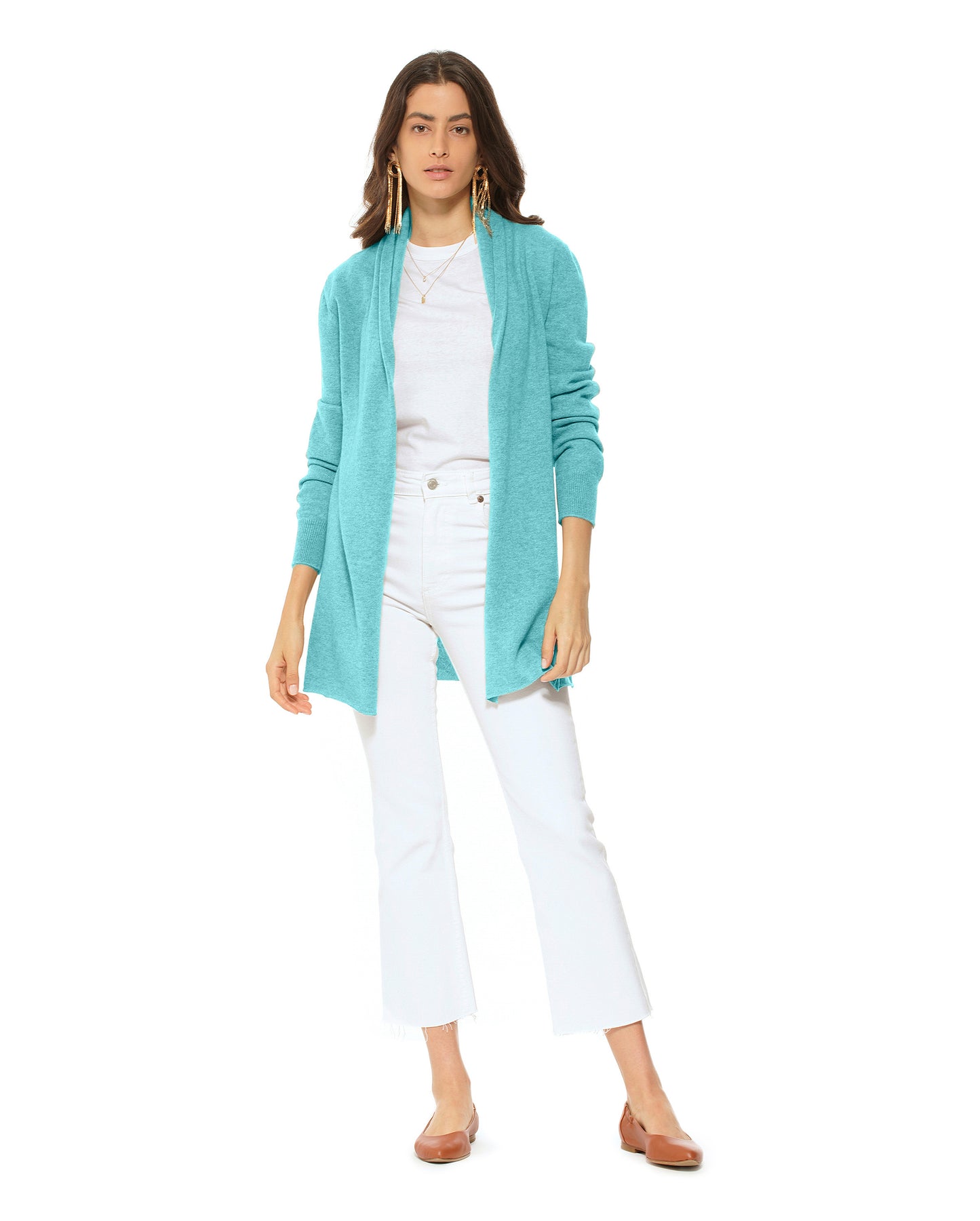 Women's Pure Cashmere Long Open Front Cardigan Cyan