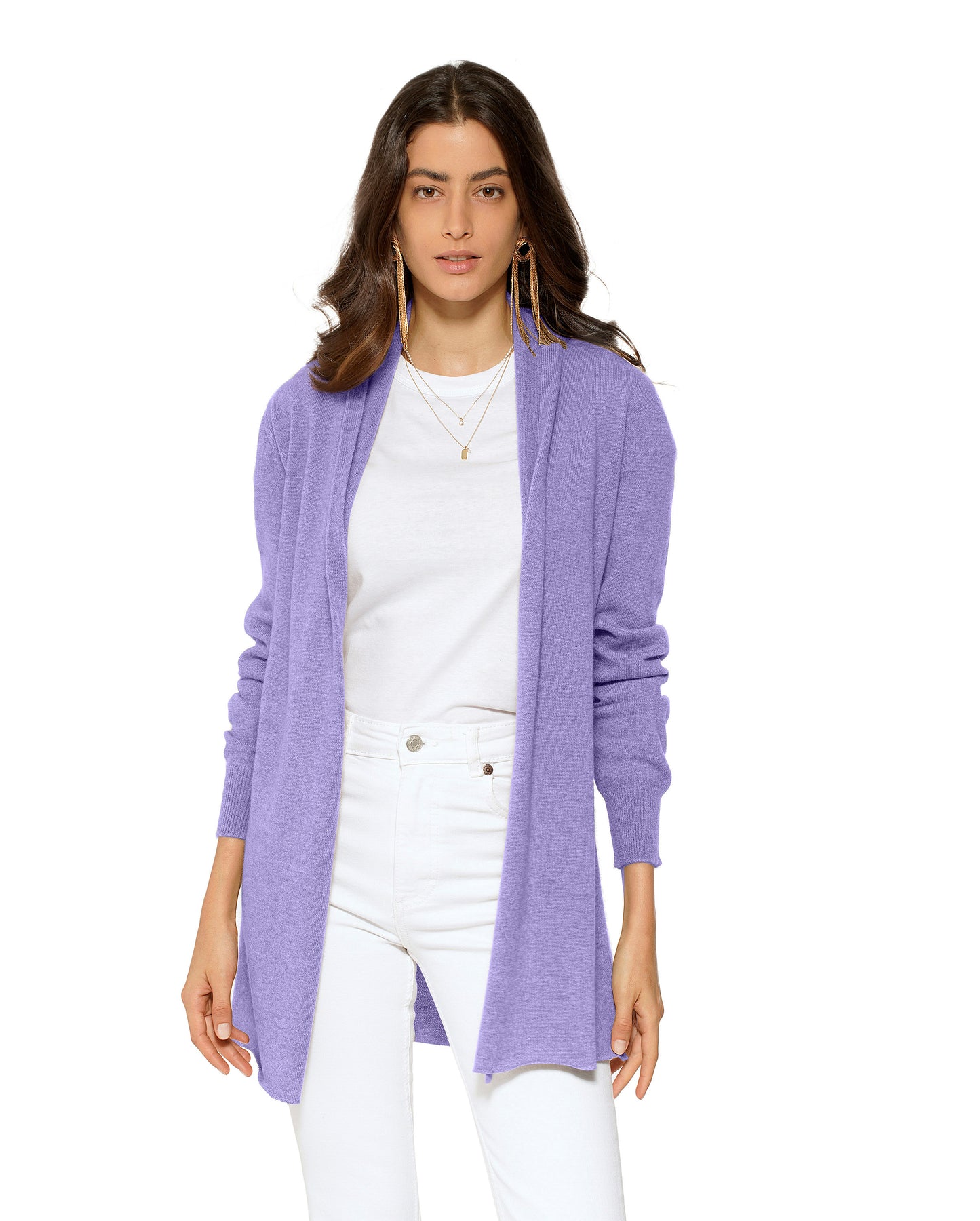 Women's Pure Cashmere Long Open Front Cardigan Lavender