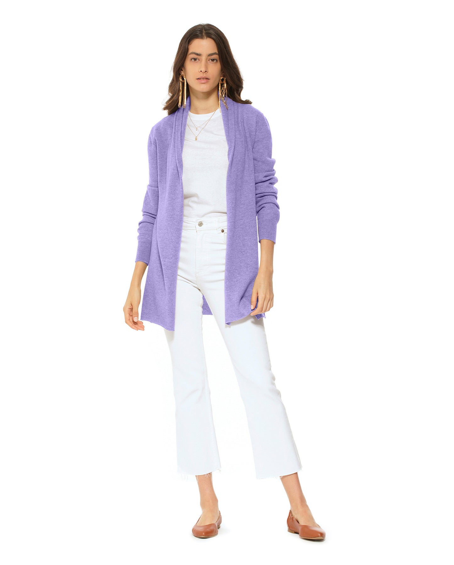 Women's Pure Cashmere Long Open Front Cardigan Lavender