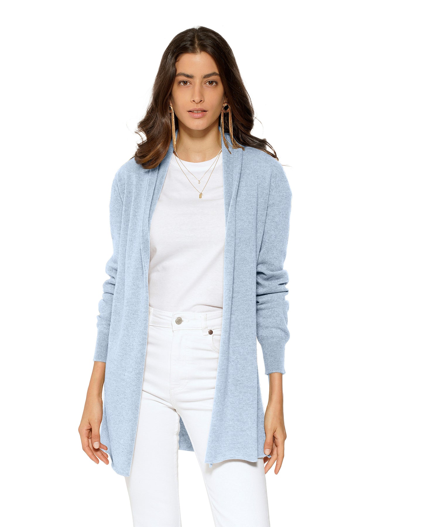 Women's Pure Cashmere Long Open Front Cardigan Pastel Blue