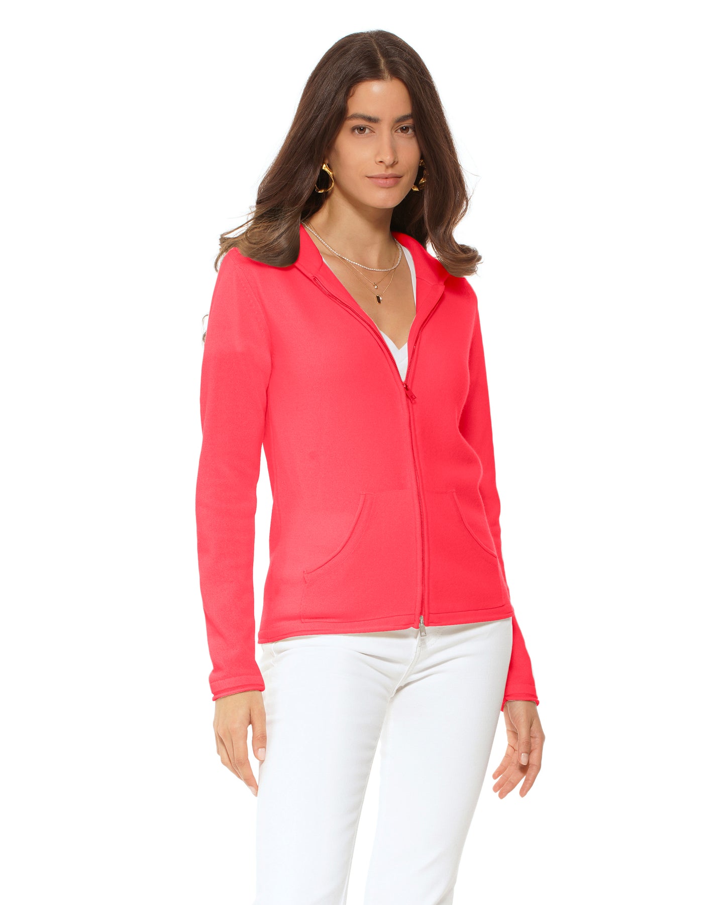 Women's Pure Cashmere Hoodie Sweater Coral Red
