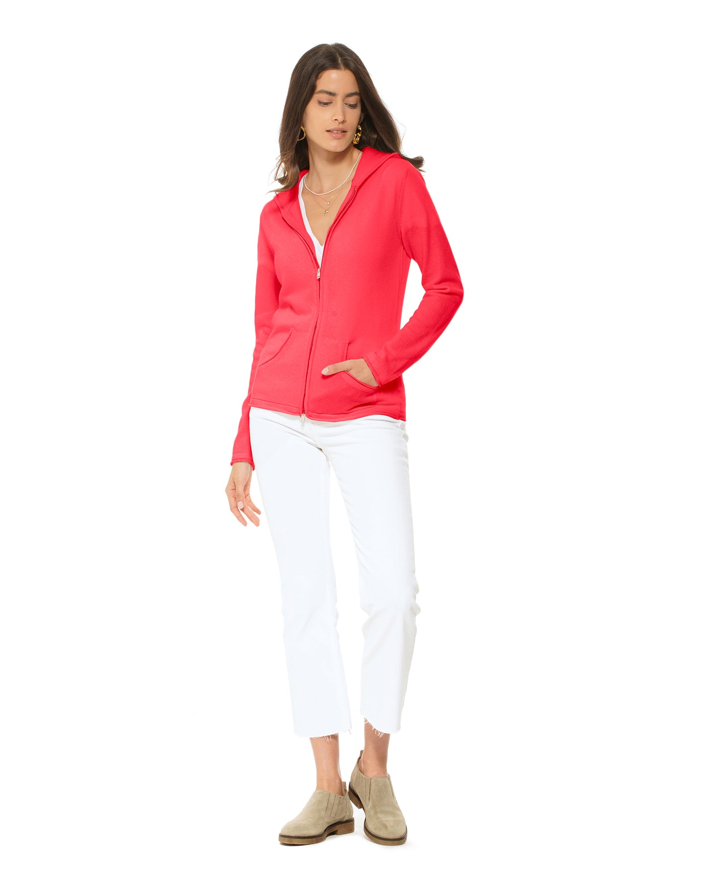 Women's Pure Cashmere Hoodie Sweater Coral Red