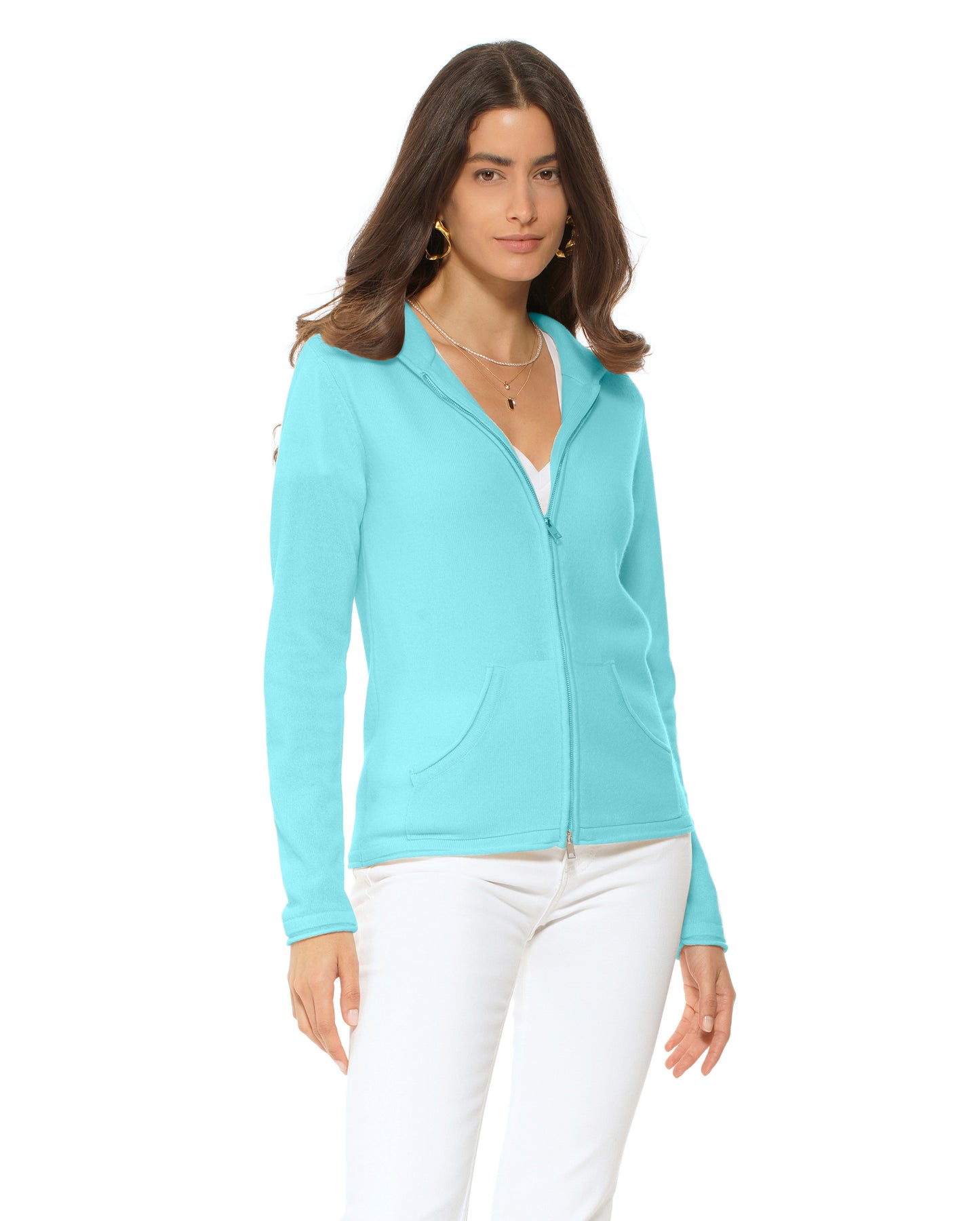 Women's Pure Cashmere Hoodie Sweater Cyan