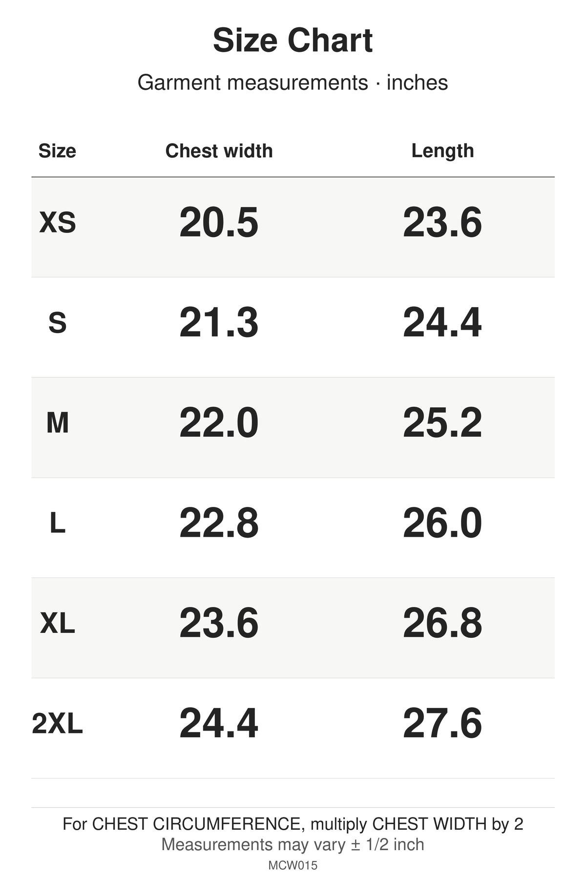 MCW015 size chart: garment measurements for XS, S, M, L, XL, 2XL, in inches.