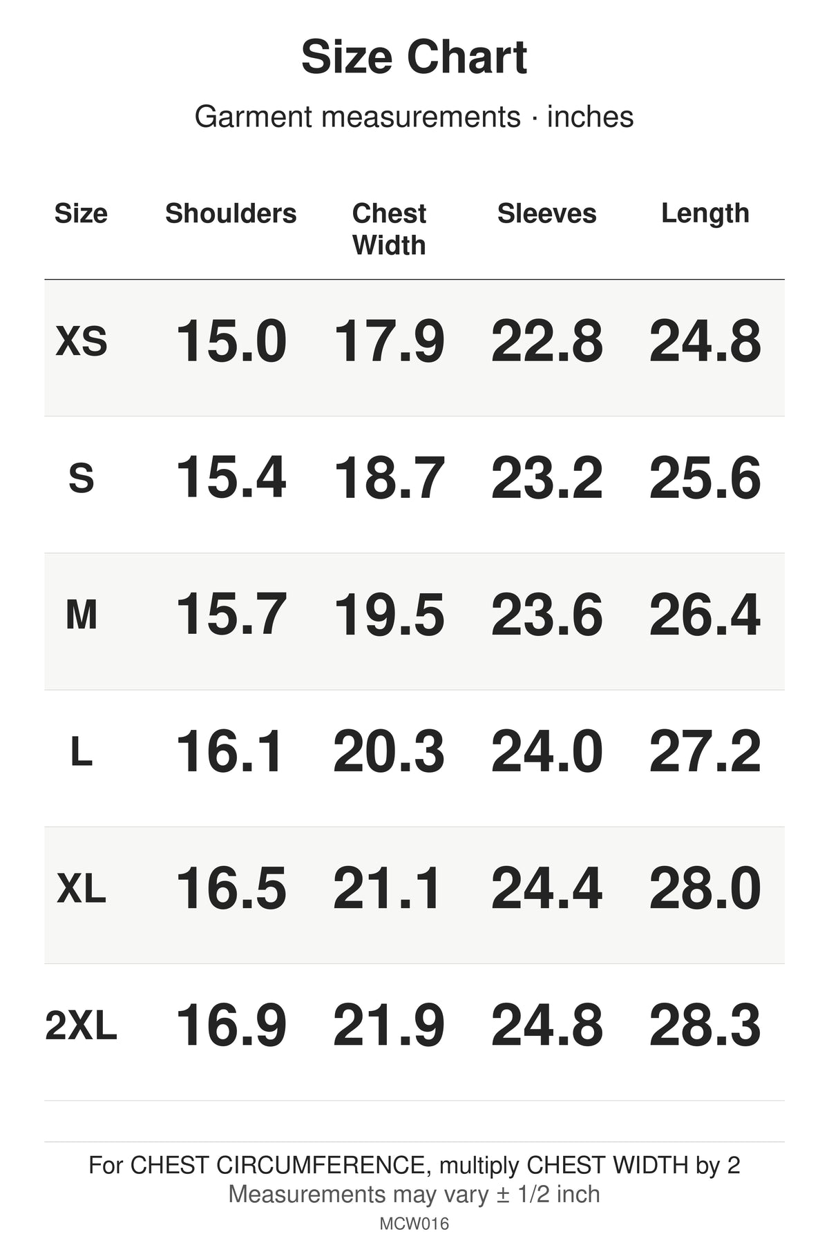 MCW016 size chart: garment measurements for XS, S, M, L, XL, 2XL, in inches.