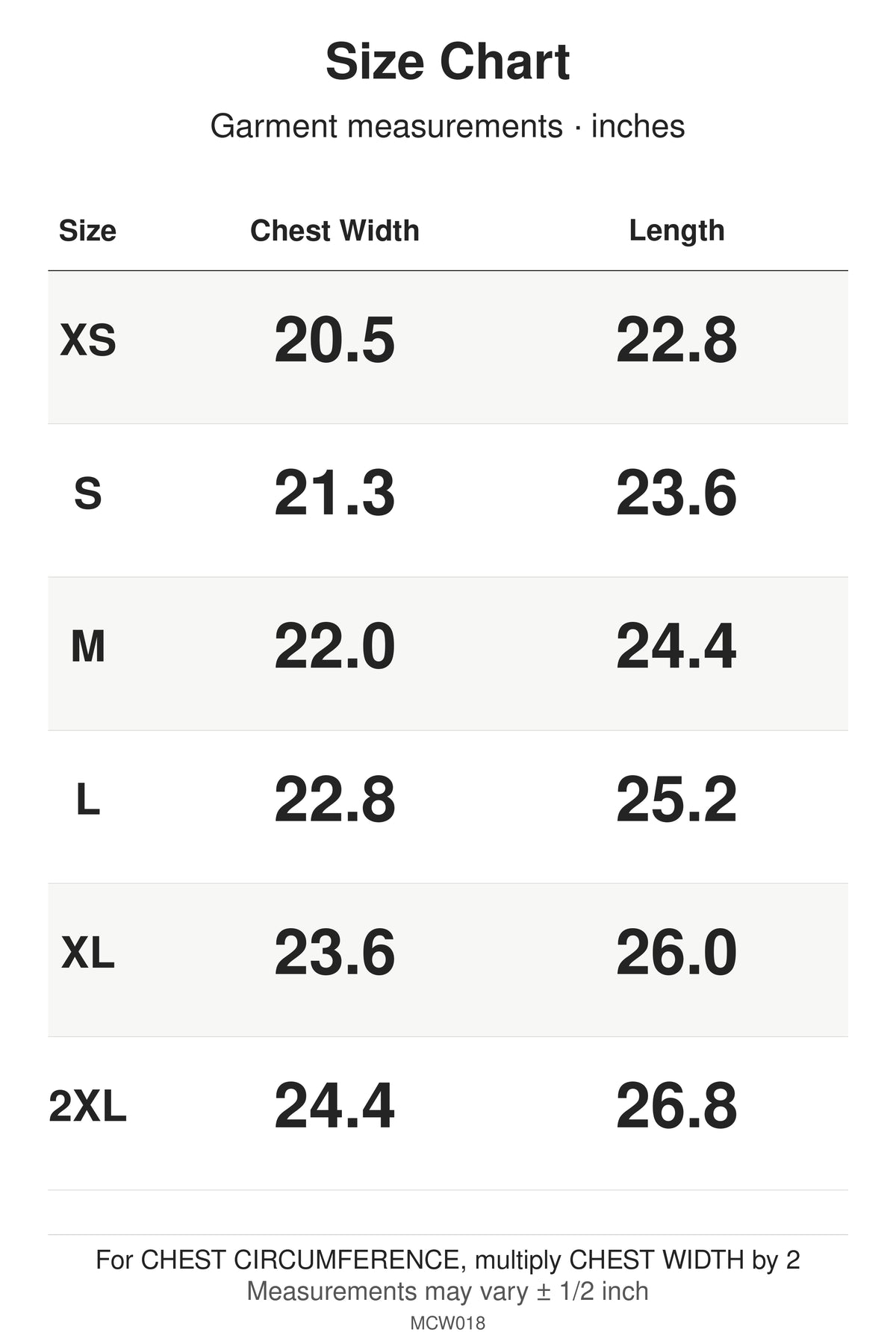MCW018 size chart: garment measurements for XS, S, M, L, XL, 2XL, in inches.