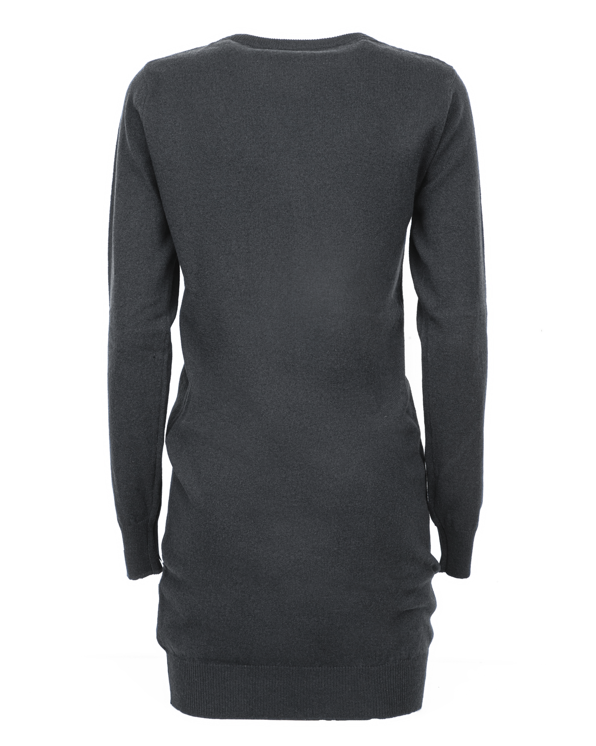 Charcoal cashmere crew neck dress, back view of the long-sleeve dress displayed alone