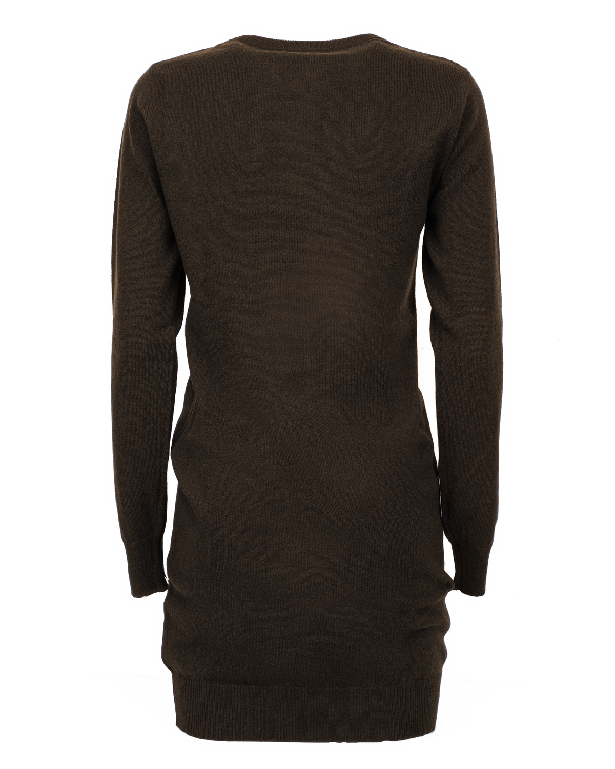 Coffee cashmere crew neck dress, back view of the long-sleeve dress displayed alone