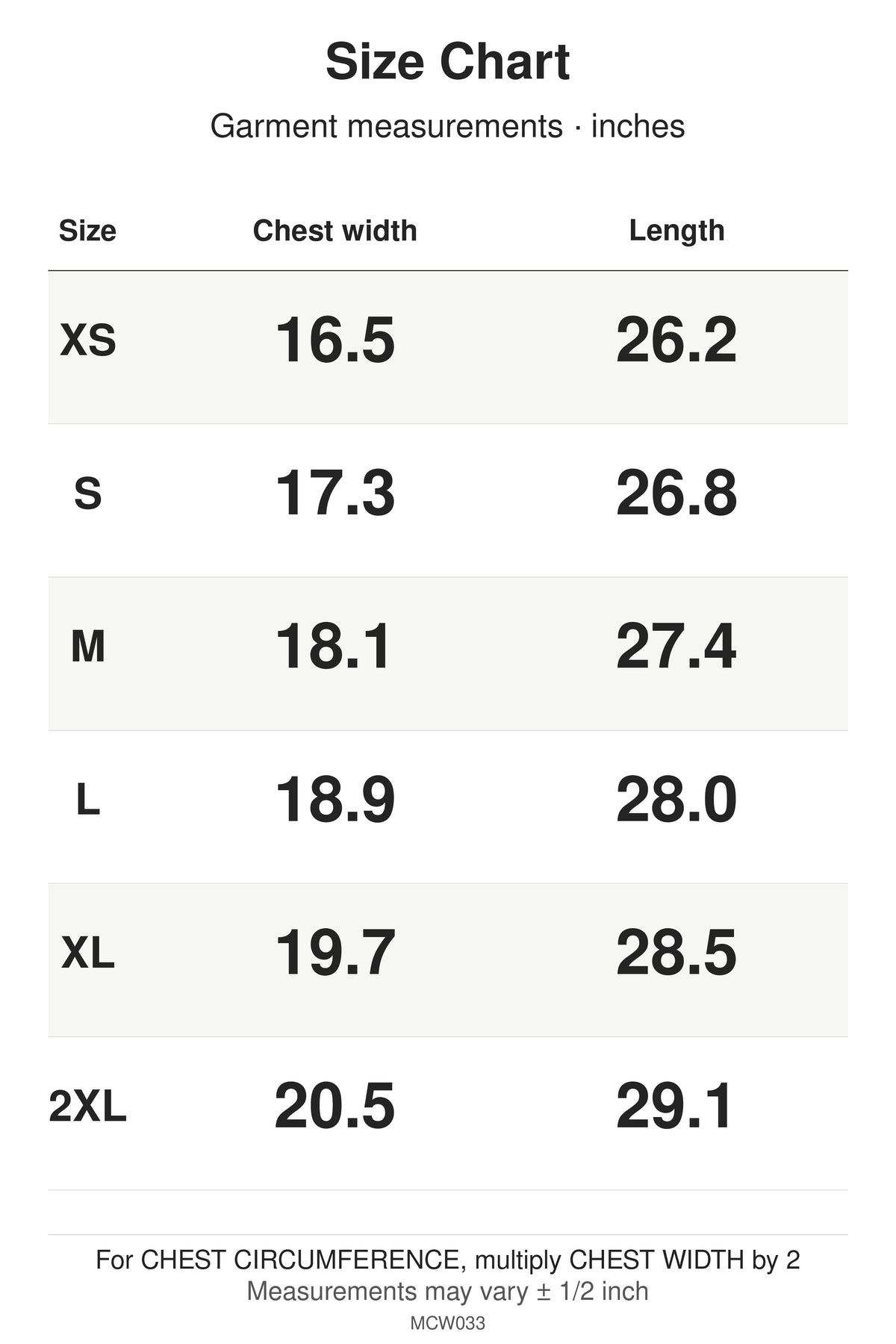 MCW033 size chart: garment measurements for XS, S, M, L, XL, 2XL, in inches.