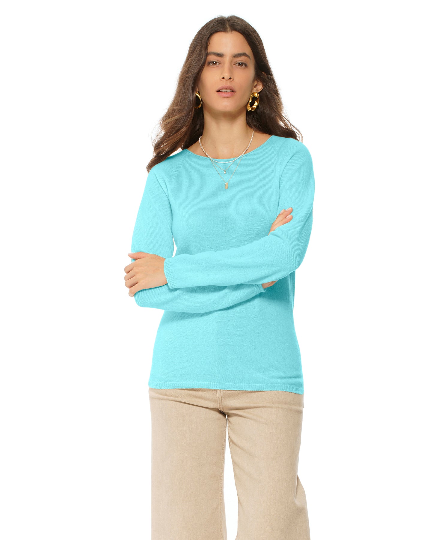Women's Ultralight Cashmere Raglan Crew Neck Sweater Cyan